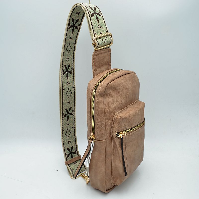 Patterned Strap Sling Bag with Zipper Pockets - Stone - Sling Bag