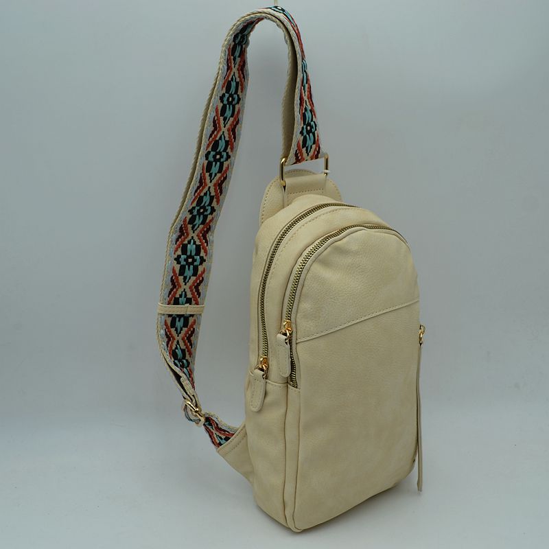 Multi-Zip Sling Backpack with Patterned Shoulder Strap - Cream - Backpacks