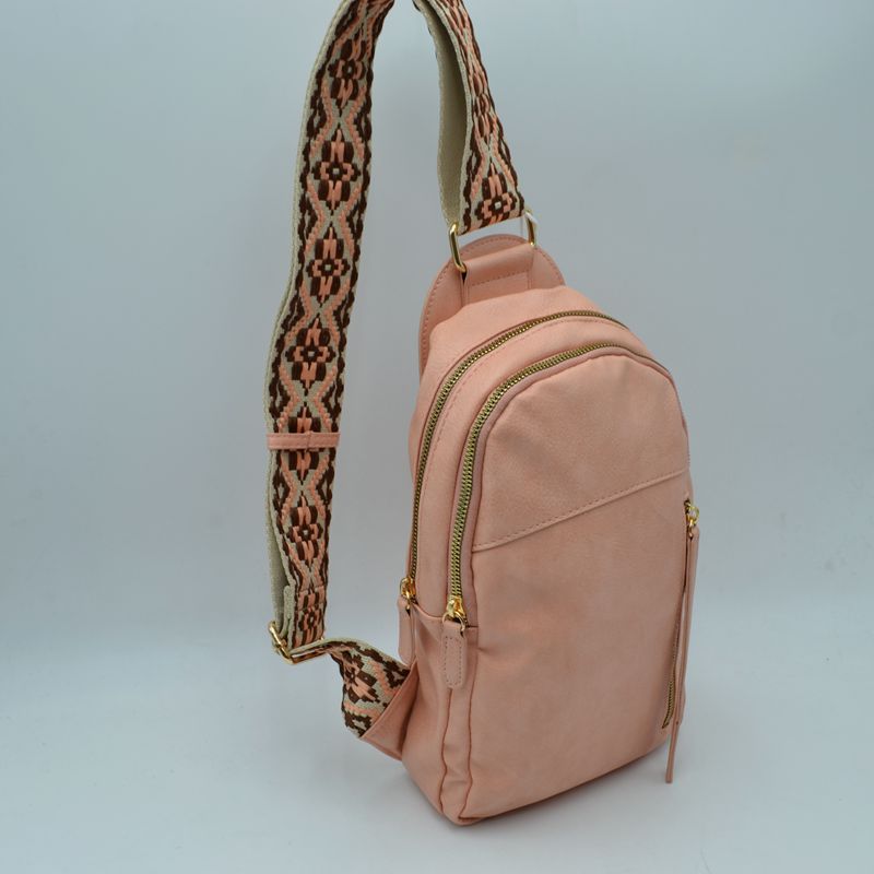 Multi-Zip Sling Backpack with Patterned Shoulder Strap - Blush - Backpacks