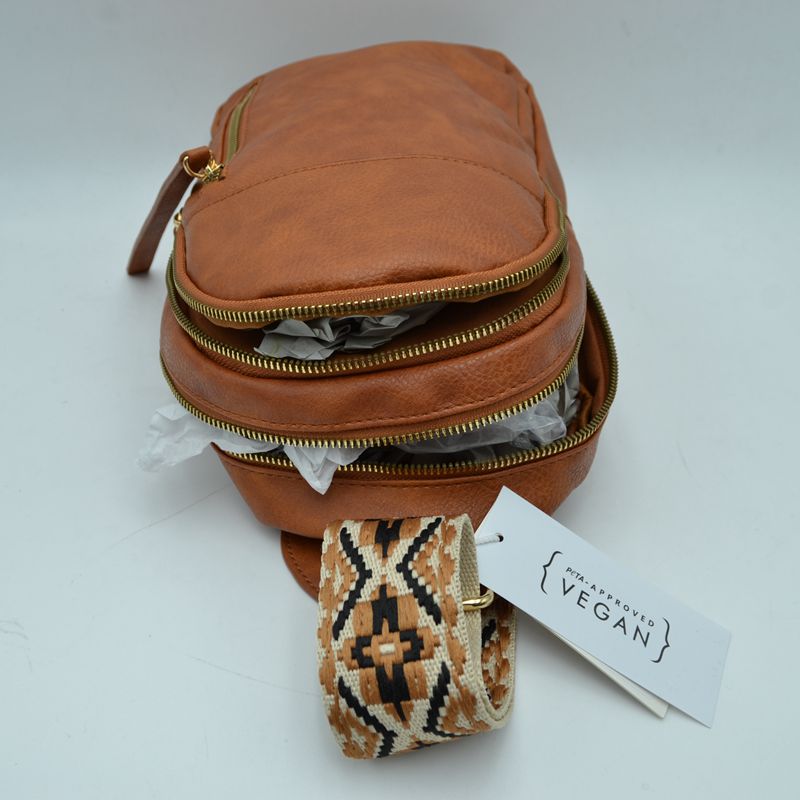 Multi-Zip Sling Backpack with Patterned Shoulder Strap - Backpacks