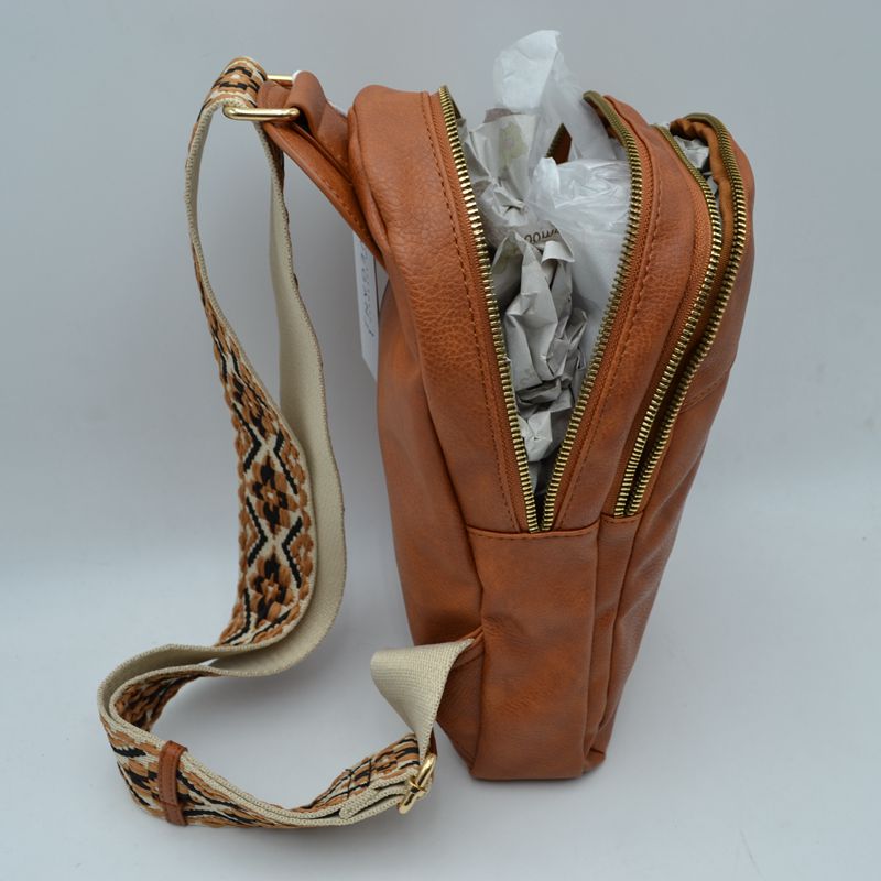 Multi-Zip Sling Backpack with Patterned Shoulder Strap - Backpacks