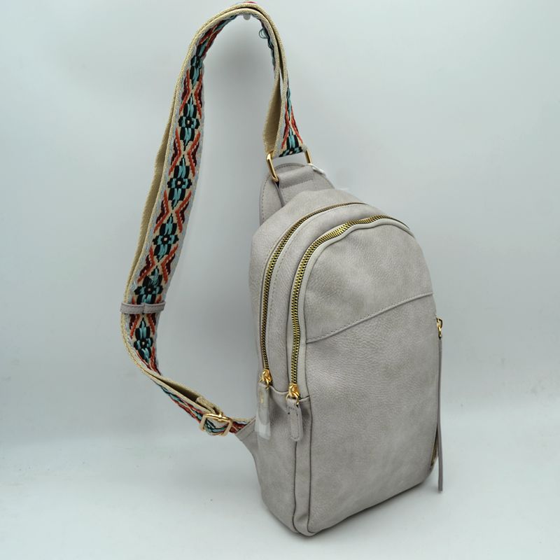 Multi-Zip Sling Backpack with Patterned Shoulder Strap - Gray - Backpacks