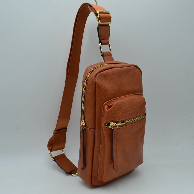 Grained Sling Bag with Metallic Zippers - Brown - Sling Bag