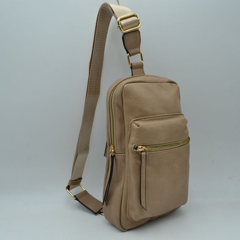 Grained Sling Bag with Metallic Zippers - Stone - Sling Bag