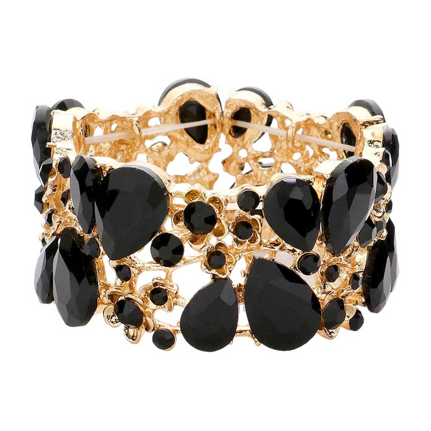 Jet Black Glass Crystal Teardrop Floral Stretch Evening Bracelet, this timeless evening bracelet is designed with stunning craftsmanship, featuring an intricate floral pattern on a crystal teardrop centerpiece. This is the perfect gift, especially for your friends, family, and the people you love and care about.