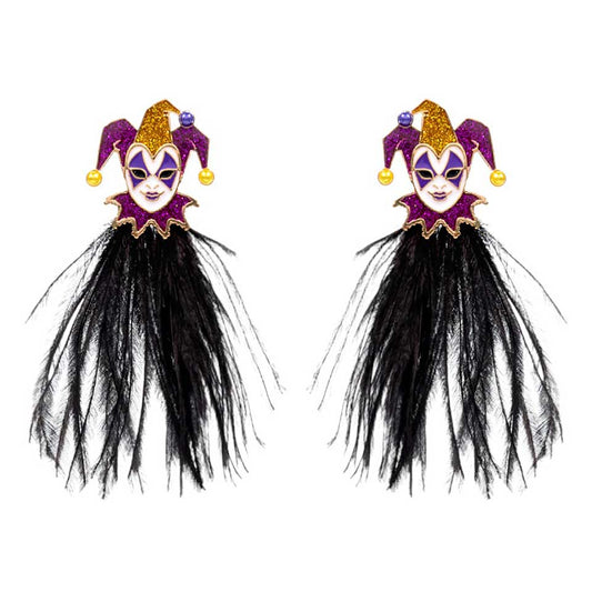 Jet Black Mardi Gras Glittered Jester Pierrot earrings, Add some festive fun. Crafted with lightweight colored feathers and glittered jester accents, they're the perfect way to show your Mardi Gras celebratory spirit. These petite earrings are designed with a secure hook closure, making them a comfortable and stylish accessory.