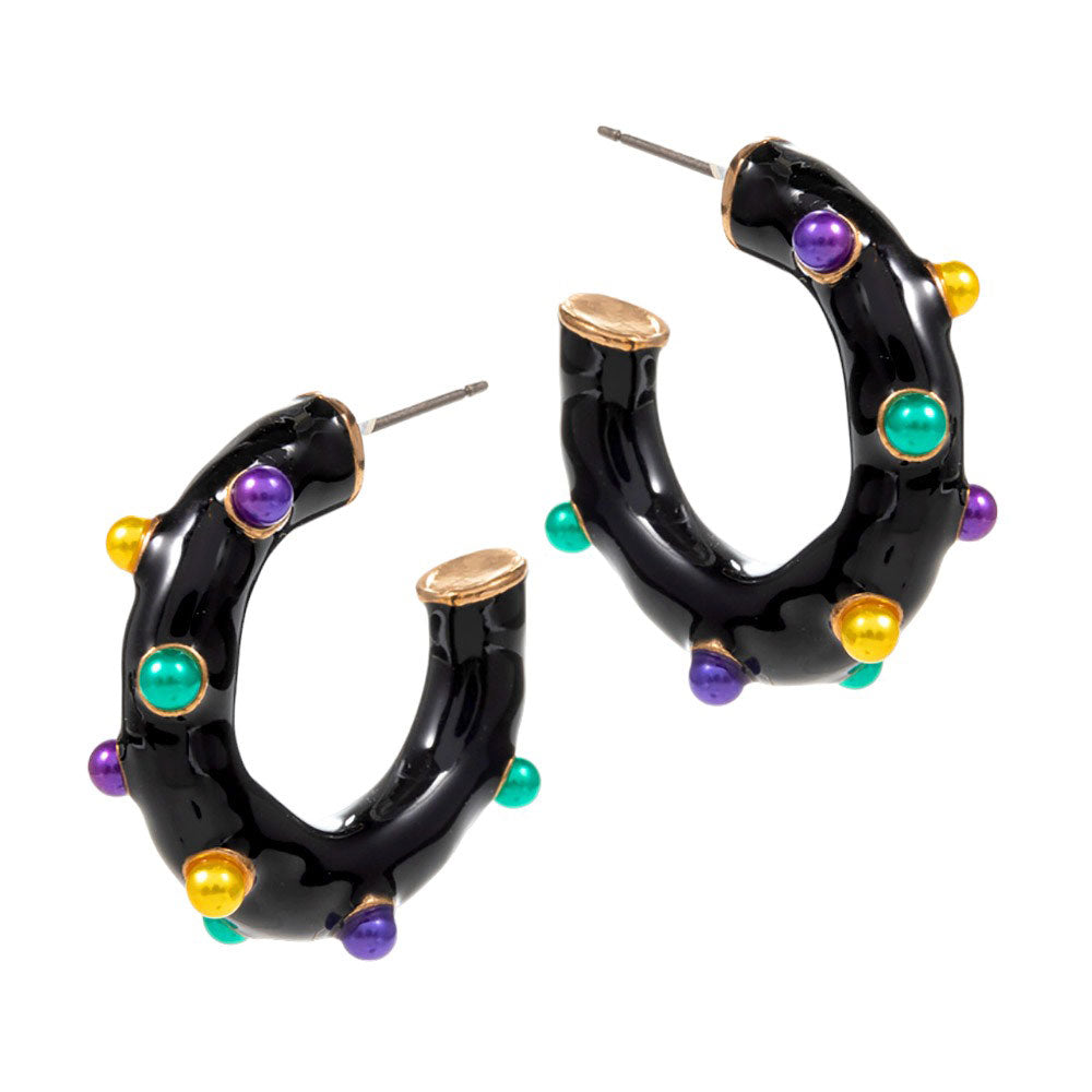 Jet Black Mardi Gras Pearl Embellished Hoop Earrings, enhance any look with these. Crafted with a combination of beads, metal hoops, and faux pearls, these earrings will dazzle any style. The faux pearls add a unique shine to any ensemble, perfect for Mardi Gras parties, night outings, or to give a festive gift to loved ones. 