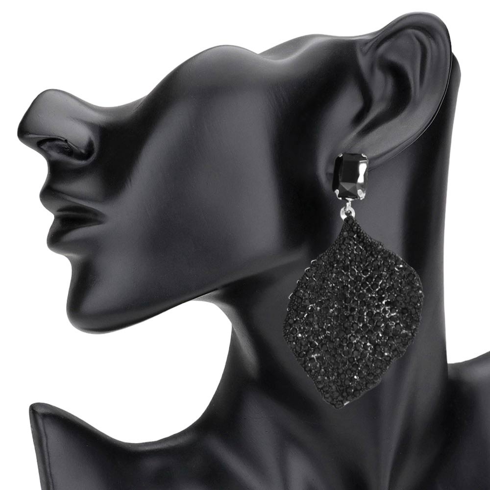 Jet Black Rhinestone Embellished Leaf Dangle Earrings, are perfect for any special event. The rhinestones are carefully placed to create an elegant design. These earrings are sure to turn heads and make you stand out from the crowd. Perfect gift for fashion-loving family members and friends, young adults, or to gift yourself.