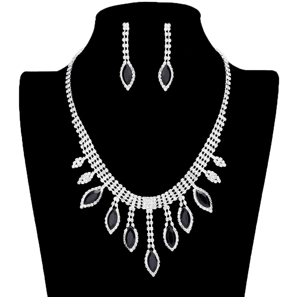 Jet Black Trendy Marquise Stone Accented Rhinestone Necklace, get ready with this Marquise stone necklace to receive the best compliments on any special occasion. This classy rhinestone necklace is perfect for parties, weddings, and evenings. Awesome gift for birthdays, anniversaries, Valentine’s Day, or any special occasion.