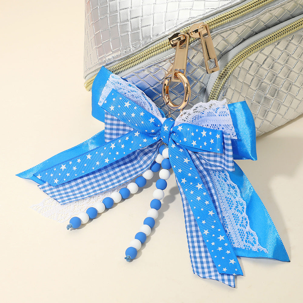 Madeline Love Blue, White Game Day Theme Triple Layered Bow Bag Charm Keychain Bag Charm - Bags & Wallets