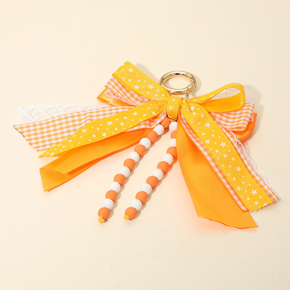 Madeline Love Orange, White Game Day Theme Triple Layered Bow Bag Charm Keychain Bag Charm - Bags & Wallets