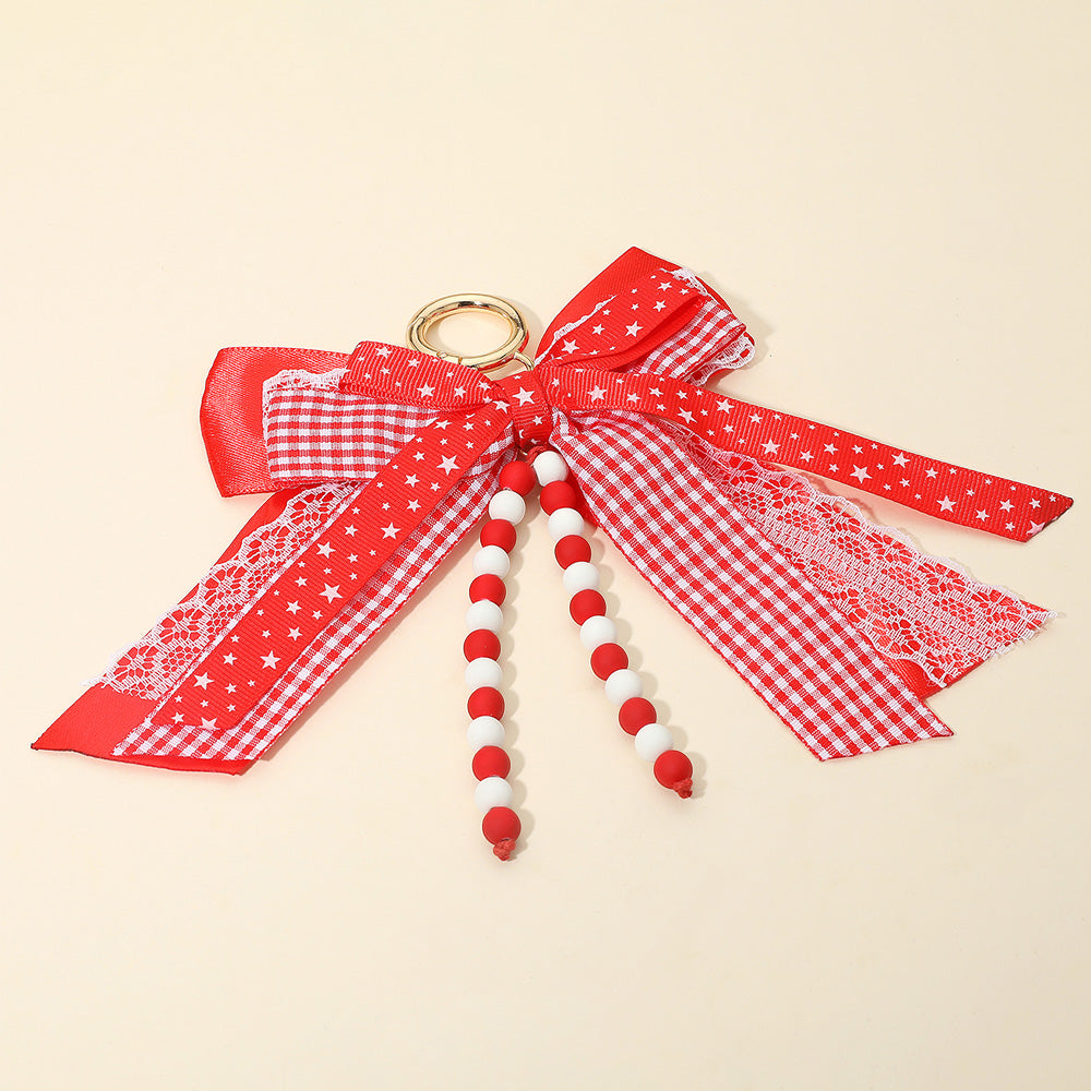 Madeline Love Red, White Game Day Theme Triple Layered Bow Bag Charm Keychain Bag Charm - Bags & Wallets
