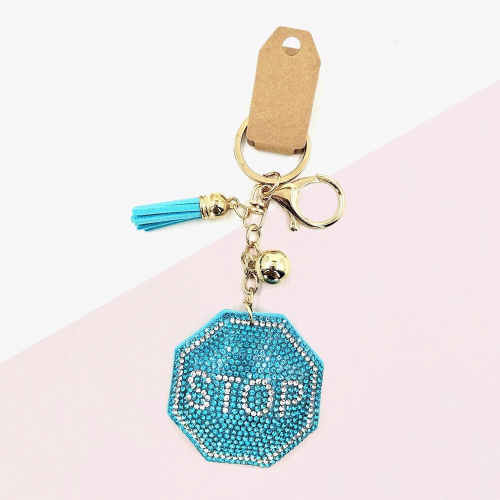 Madeline Love Aqua Bling STOP Message Tassel Keychain - Bags & Wallets