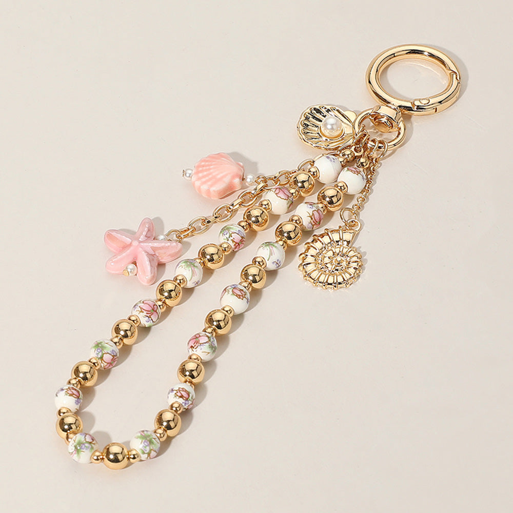 Gold, Pink Ceramic Starfish Seashell Metal Pearl Sea Shell Charm Embellished Floral Ceramic Metal Ball Beaded Wristlet Keychain / Bag Charm