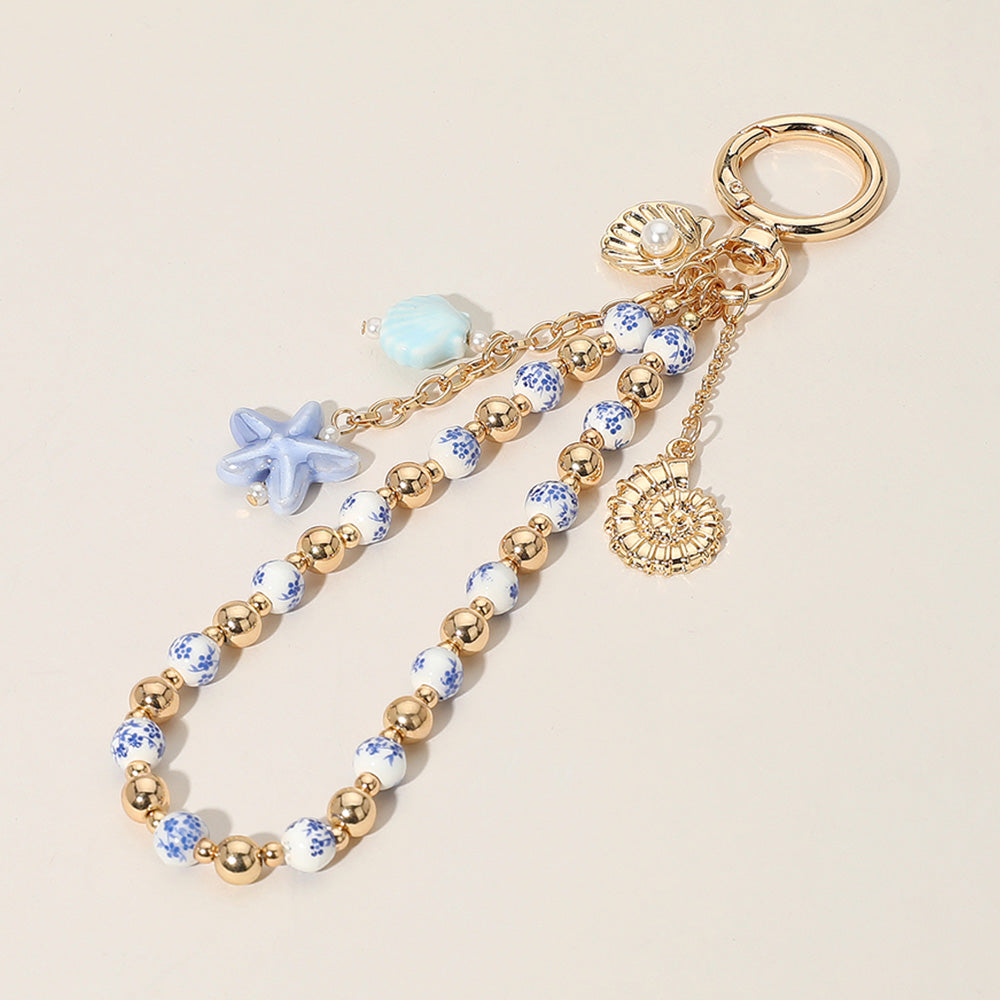 Blue, Gold Ceramic Starfish Seashell Metal Pearl Sea Shell Charm Embellished Floral Ceramic Metal Ball Beaded Wristlet Keychain / Bag Charm