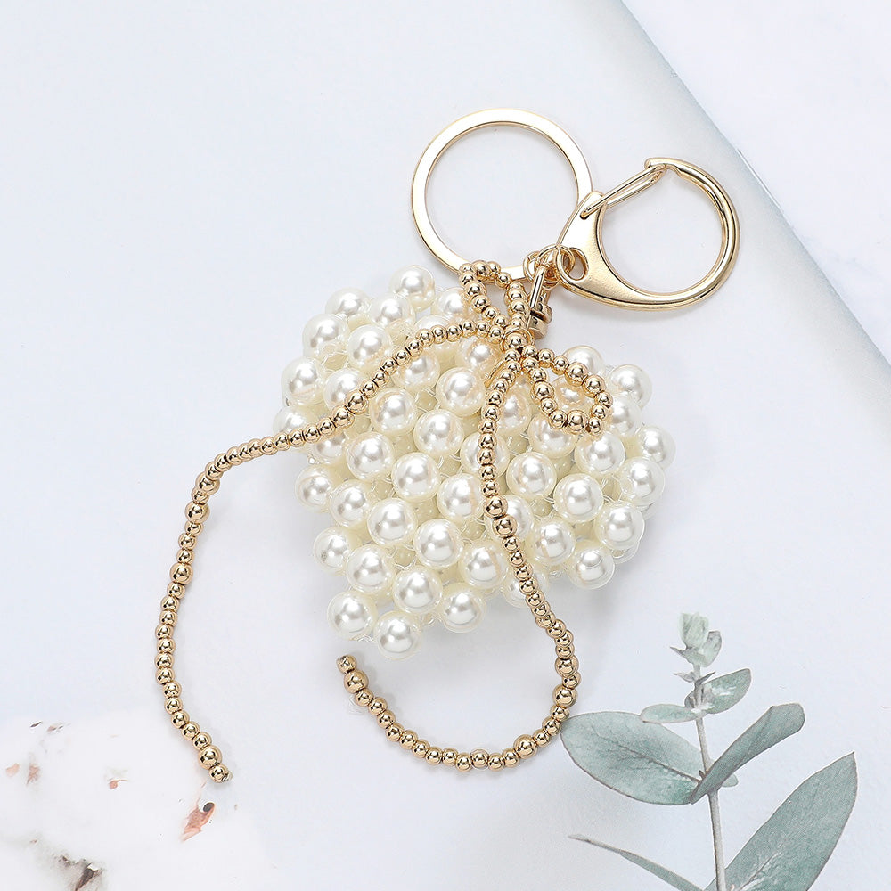 Metal Bubble Bow Pearl Beaded Heart Keychain /  Bag Charm