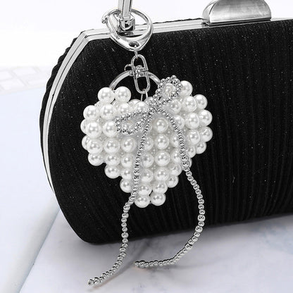 Metal Bubble Bow Pearl Beaded Heart Keychain / Bag Charm - Cream Rhodium