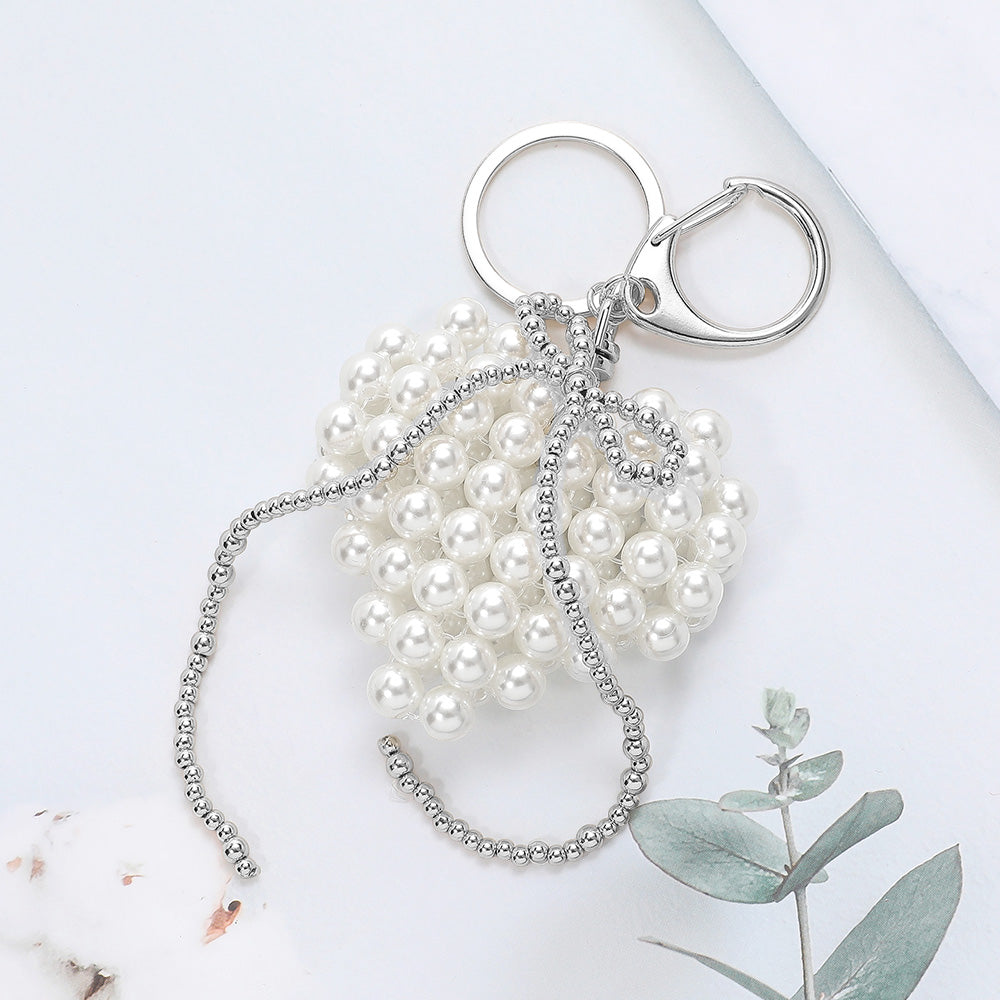 Metal Bubble Bow Pearl Beaded Heart Keychain /  Bag Charm