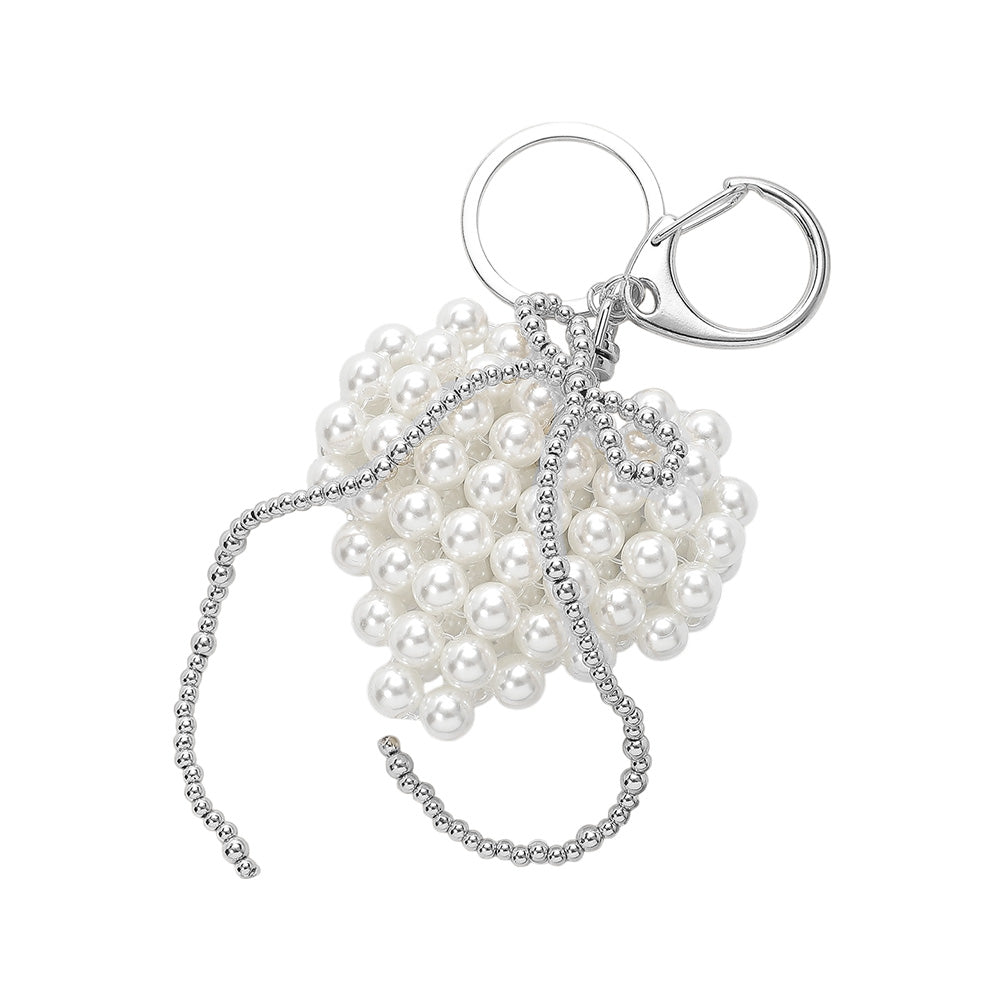 Metal Bubble Bow Pearl Beaded Heart Keychain /  Bag Charm