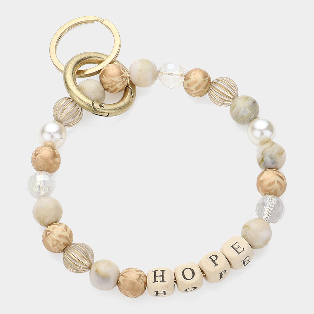Madeline Love Beige, Gold HOPE Message Accented Pearl Beaded Keychain / Bracelet - Bracelets