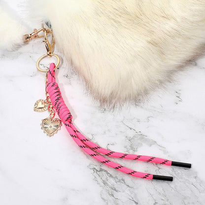 Madeline Love Gold, Hot Pink Double Heart Charm Drop Rope Keychain Bag Charm - Bags & Wallets