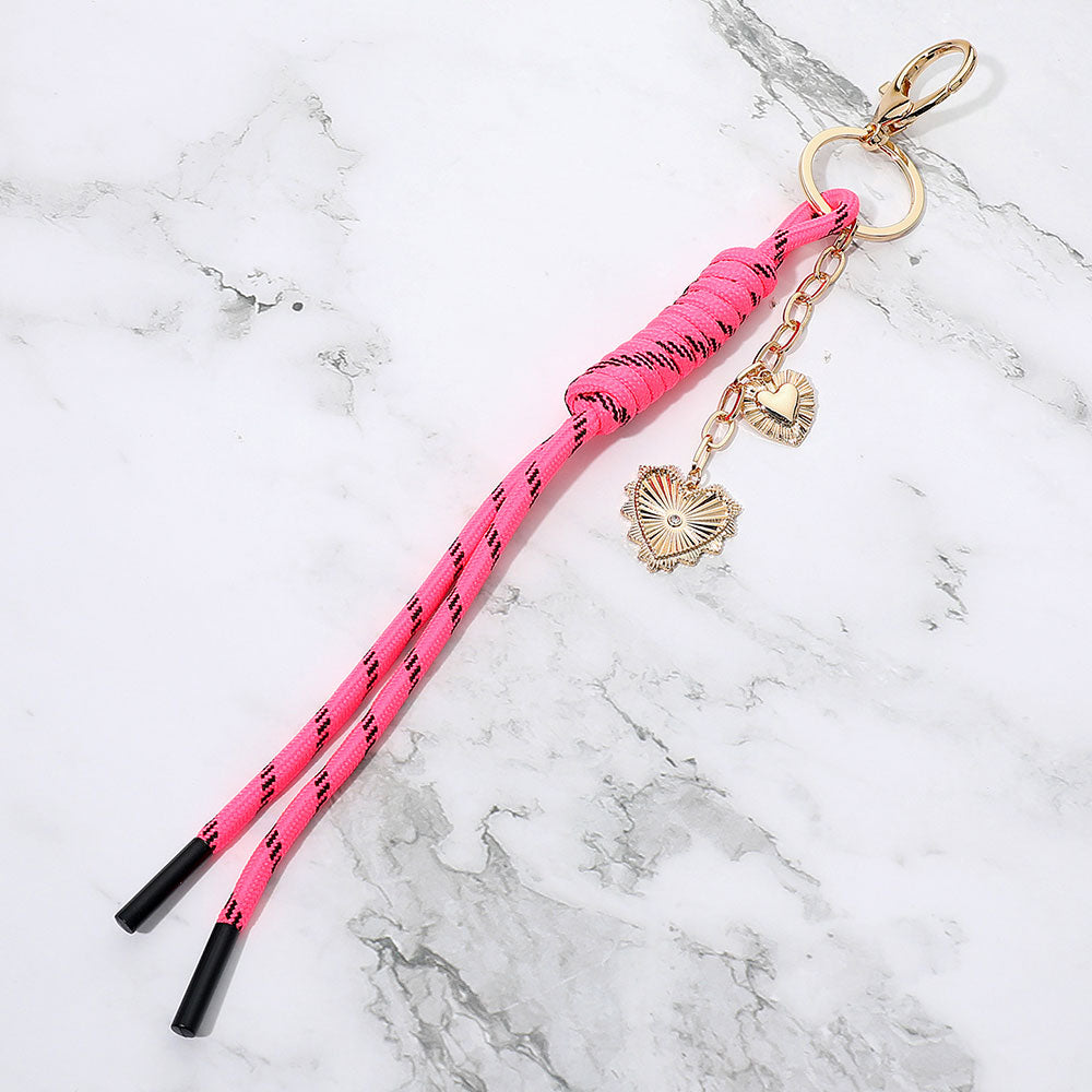 Madeline Love Gold, Hot Pink Double Heart Charm Drop Rope Keychain Bag Charm - Bags & Wallets - desc