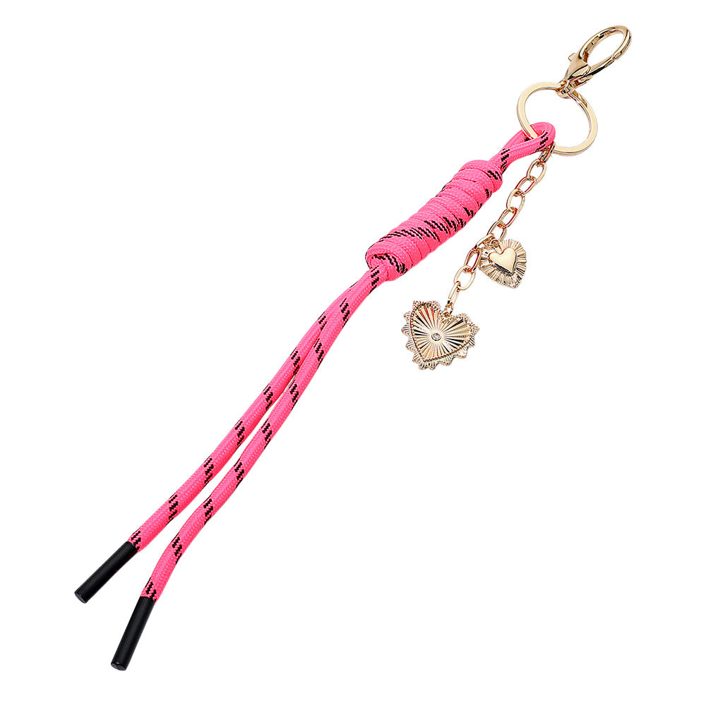 Madeline Love Gold, Hot Pink Double Heart Charm Drop Rope Keychain Bag Charm - Bags & Wallets - extra