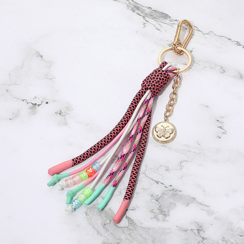 Madeline Love Gold, Multi Butterfly Embossed Coin Drop HAPPY ZEW Message Beaded Rope Tassel Keychain Bag Charm - Bags & Wallets - desc