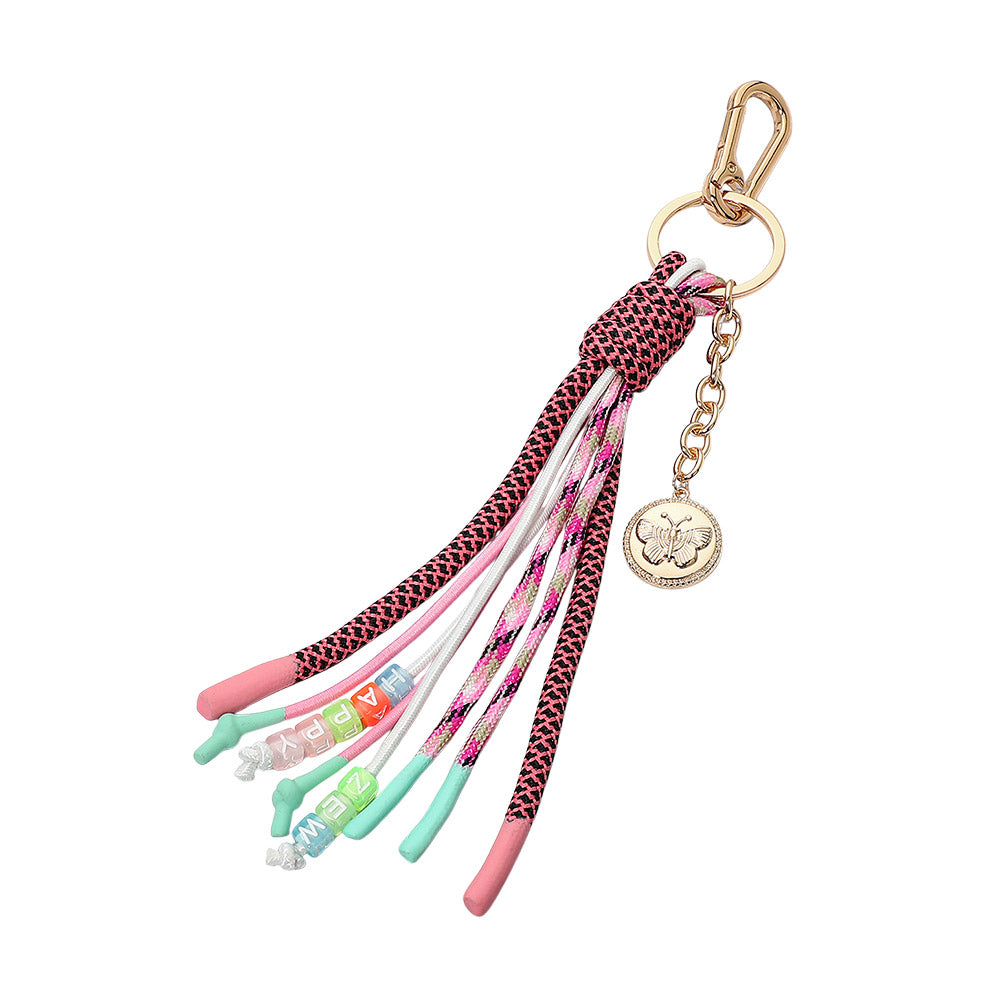 Madeline Love Gold, Multi Butterfly Embossed Coin Drop HAPPY ZEW Message Beaded Rope Tassel Keychain Bag Charm - Bags & Wallets - extra