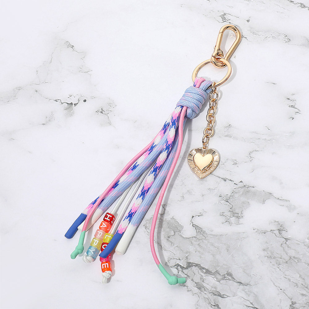 Madeline Love Gold, Multi Heart Charm Drop HAPPY LOVE Message Beaded Rope Tassel Keychain Bag Charm - Bags & Wallets
