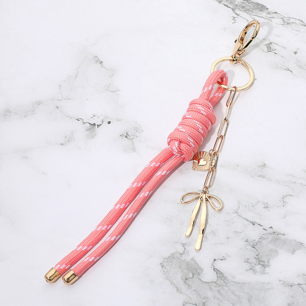 Madeline Love Gold, Pink Heart Bow Charm Drop Rope Knot Keychain Bag Charm - Bags & Wallets - desc