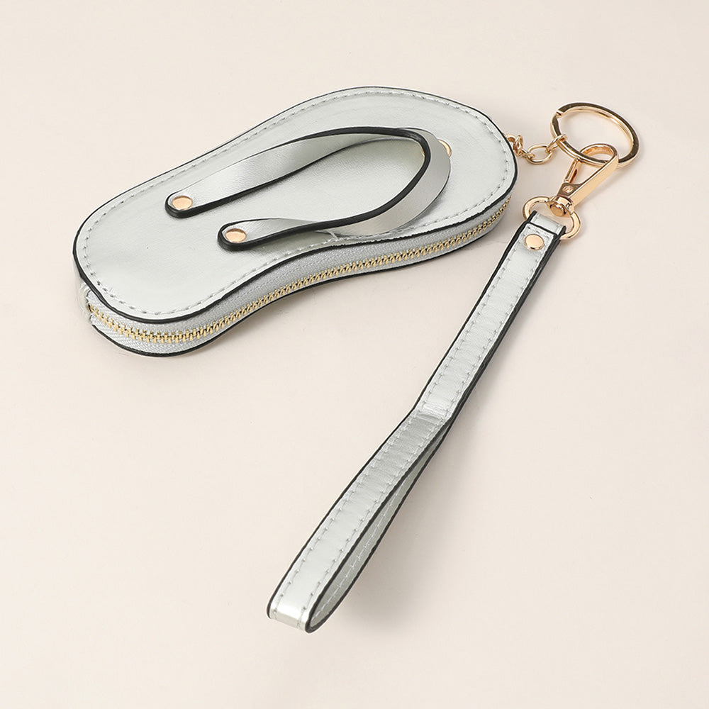 Madeline Love Silver Faux Leather Flip-flop Mini Wristlet Keychain Bag Charm Coin Purse - Bags & Wallets - desc
