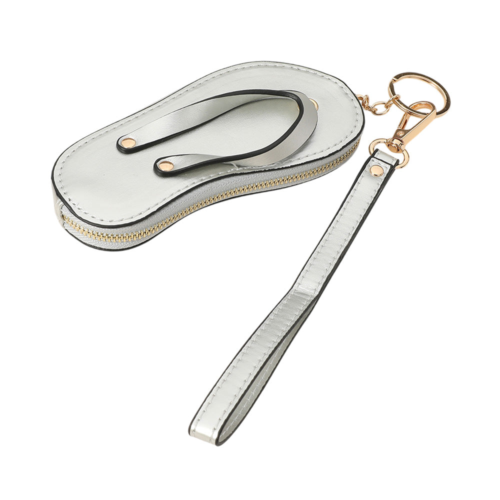 Madeline Love Silver Faux Leather Flip-flop Mini Wristlet Keychain Bag Charm Coin Purse - Bags & Wallets - extra