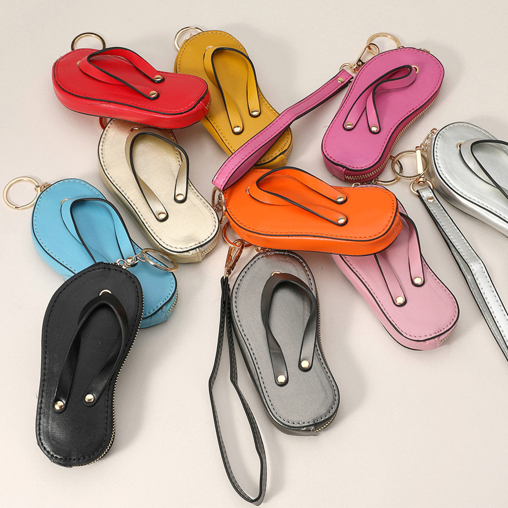 Madeline Love Silver Faux Leather Flip-flop Mini Wristlet Keychain Bag Charm Coin Purse - Bags & Wallets - extra