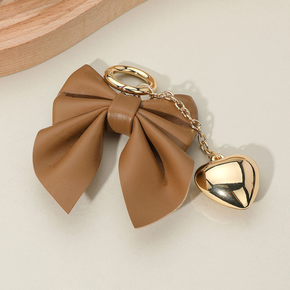 Madeline Love Brown, Gold Faux Leather Bow Metal Heart Drop Keychain Bag Charm - Bags & Wallets