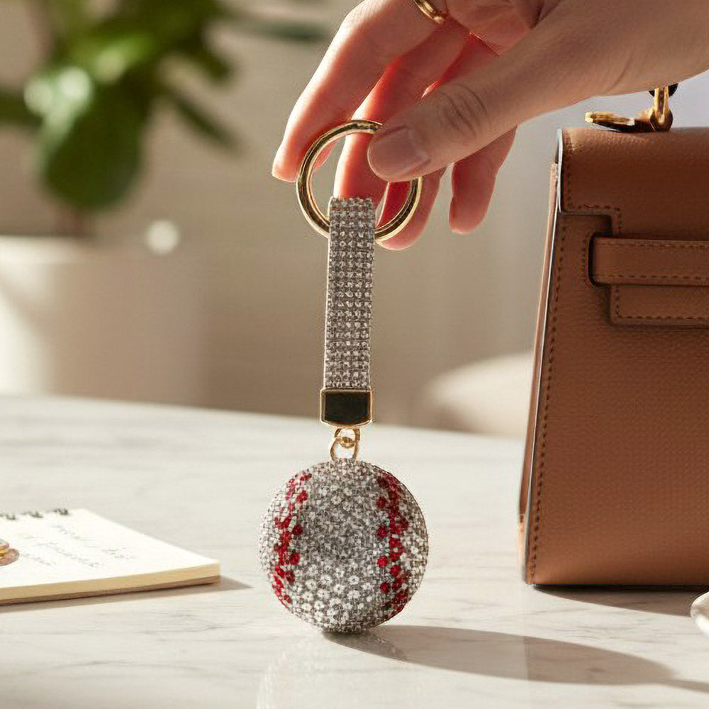 Madeline Love Red, White Bling Studded Baseball Bag Charm Keychain - Bags & Wallets - desc