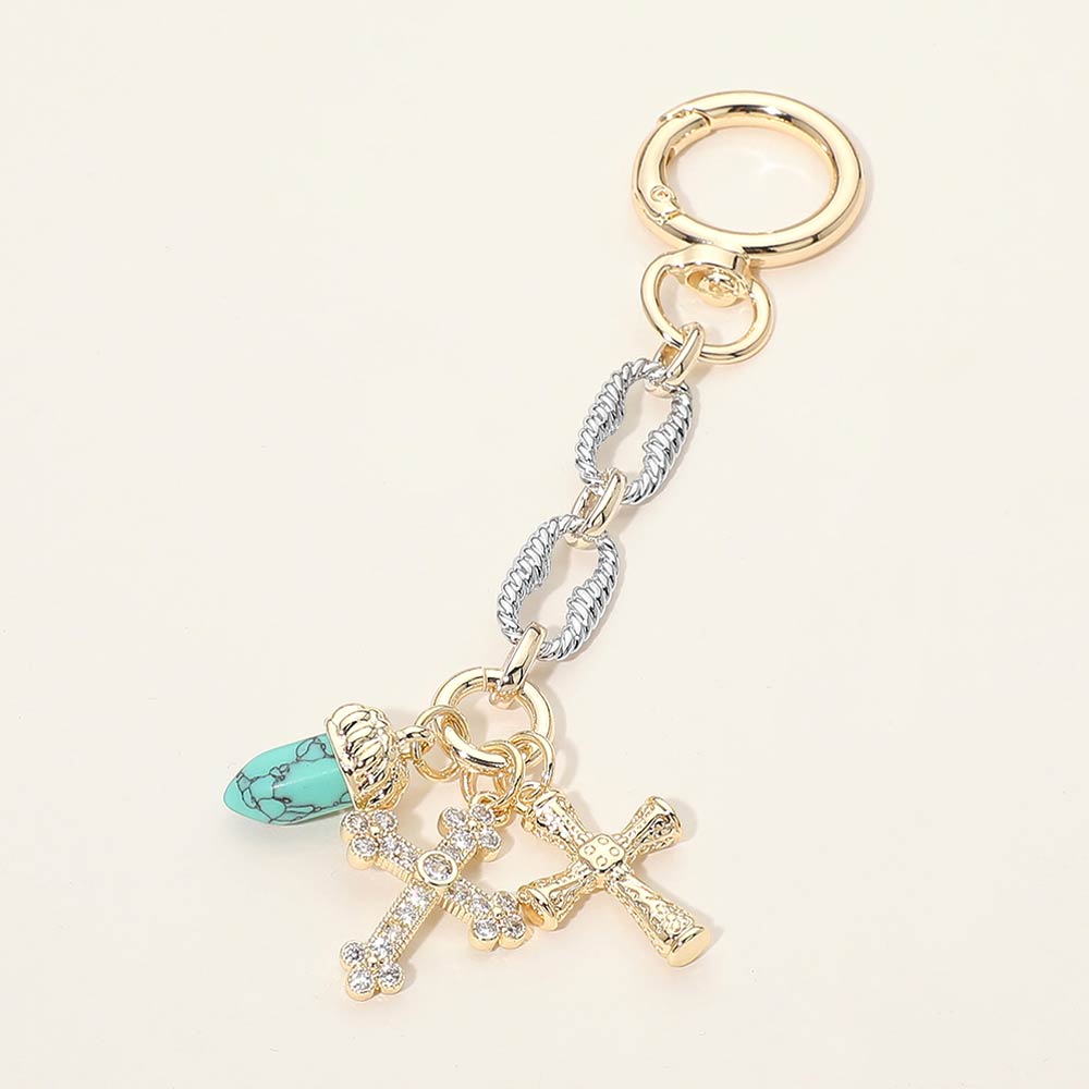 Madeline Love Multi 14K Gold Plated Two Tone CZ Stone Paved Double Cross Stone Charm Drop Bag Charm Keychain - Bags & Wallets