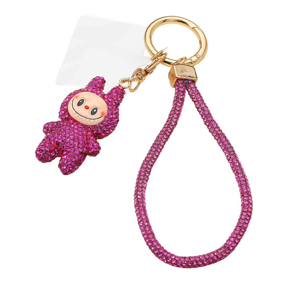 Madeline Love Fuchsia Bling Studded Monster Bunny Figure Phone Strap Keychain Bag Charm - Bags & Wallets - desc