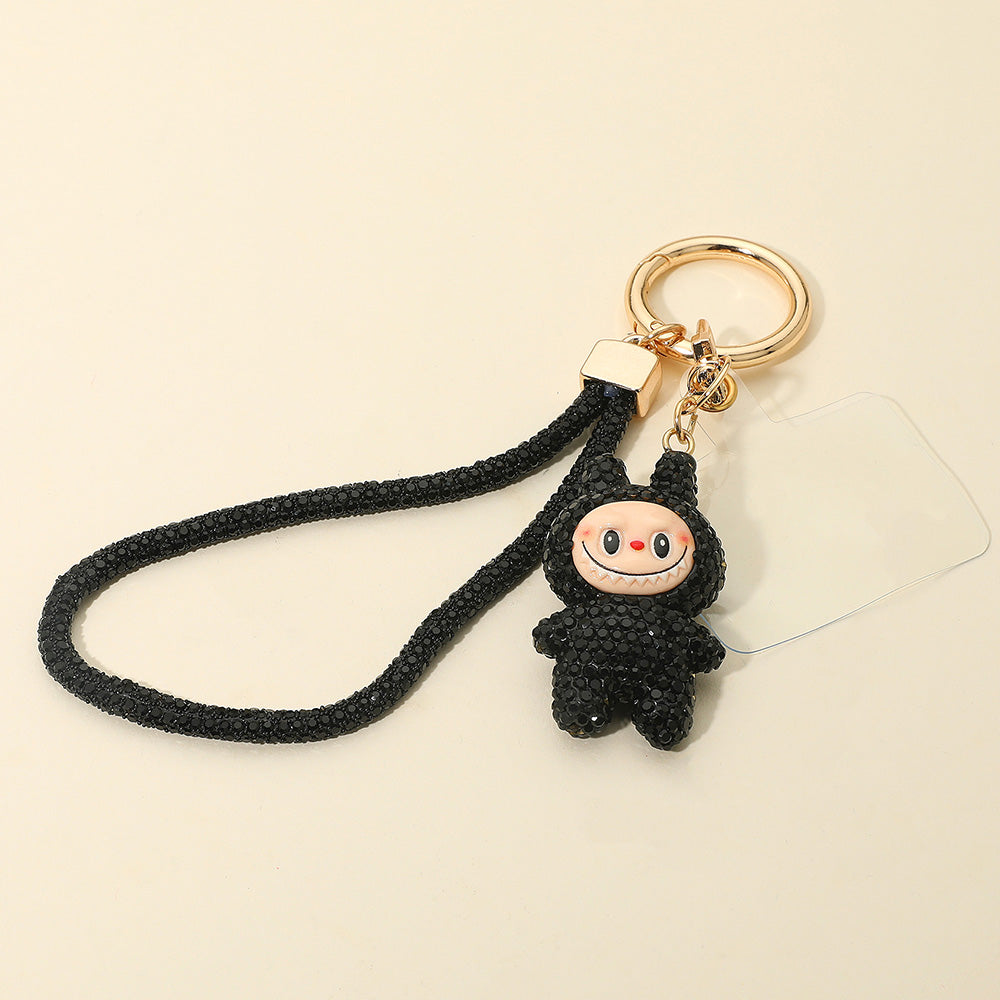 Madeline Love Jet Black Bling Studded Monster Bunny Figure Phone Strap Keychain Bag Charm - Bags & Wallets - desc