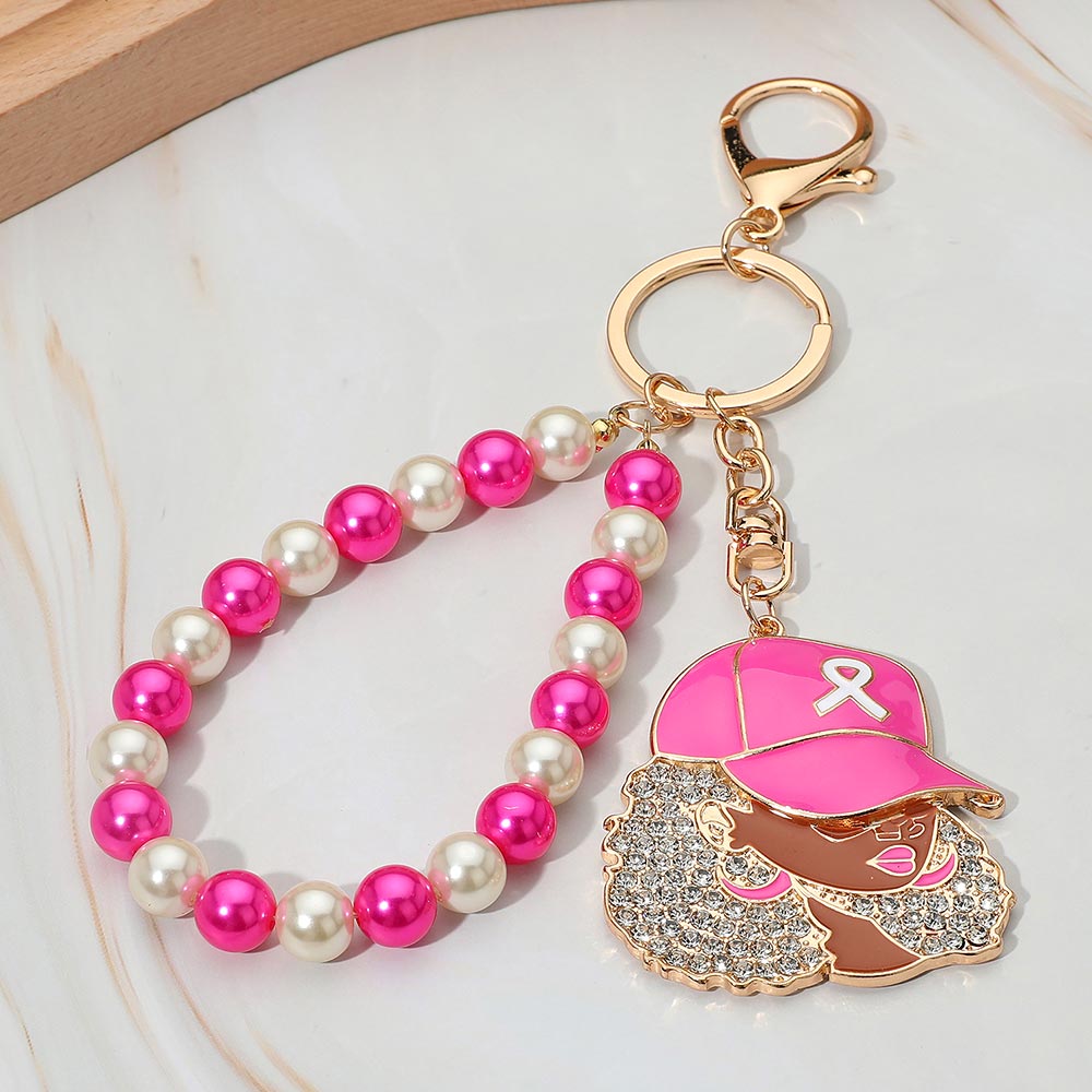 Gold Rhinestone Paved Cool Afro Woman in Awareness Pink Ribbon Cap Beaded Wristlet Keychain / Bag Charm