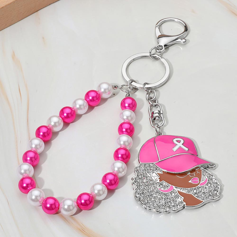 Rhodium Rhinestone Paved Cool Afro Woman in Awareness Pink Ribbon Cap Beaded Wristlet Keychain / Bag Charm