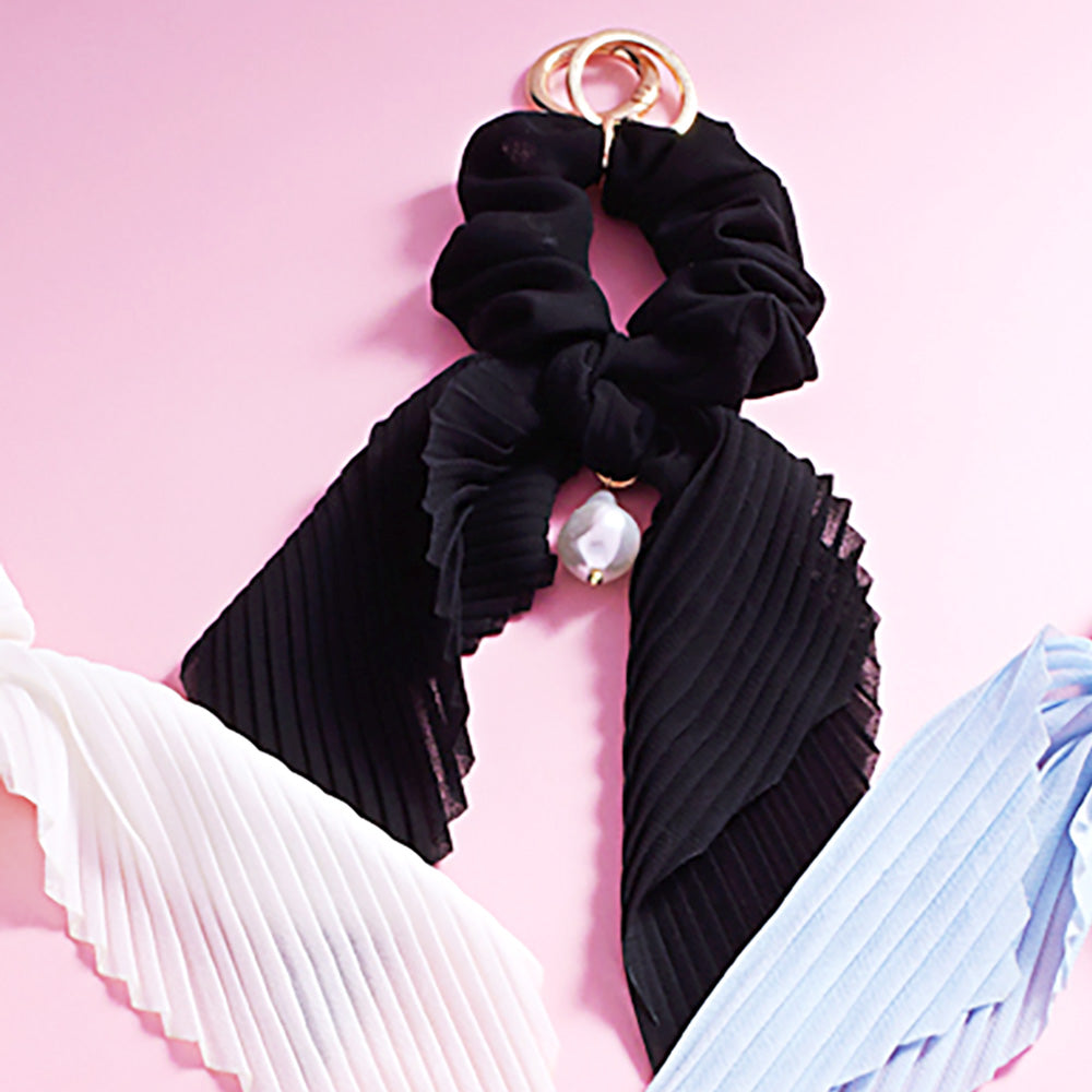 Madeline Love Jet Black Pearl Pointed Stretch Ribbon Keychain / Bracelet / Scrunchie Hairband - Hair Accessories