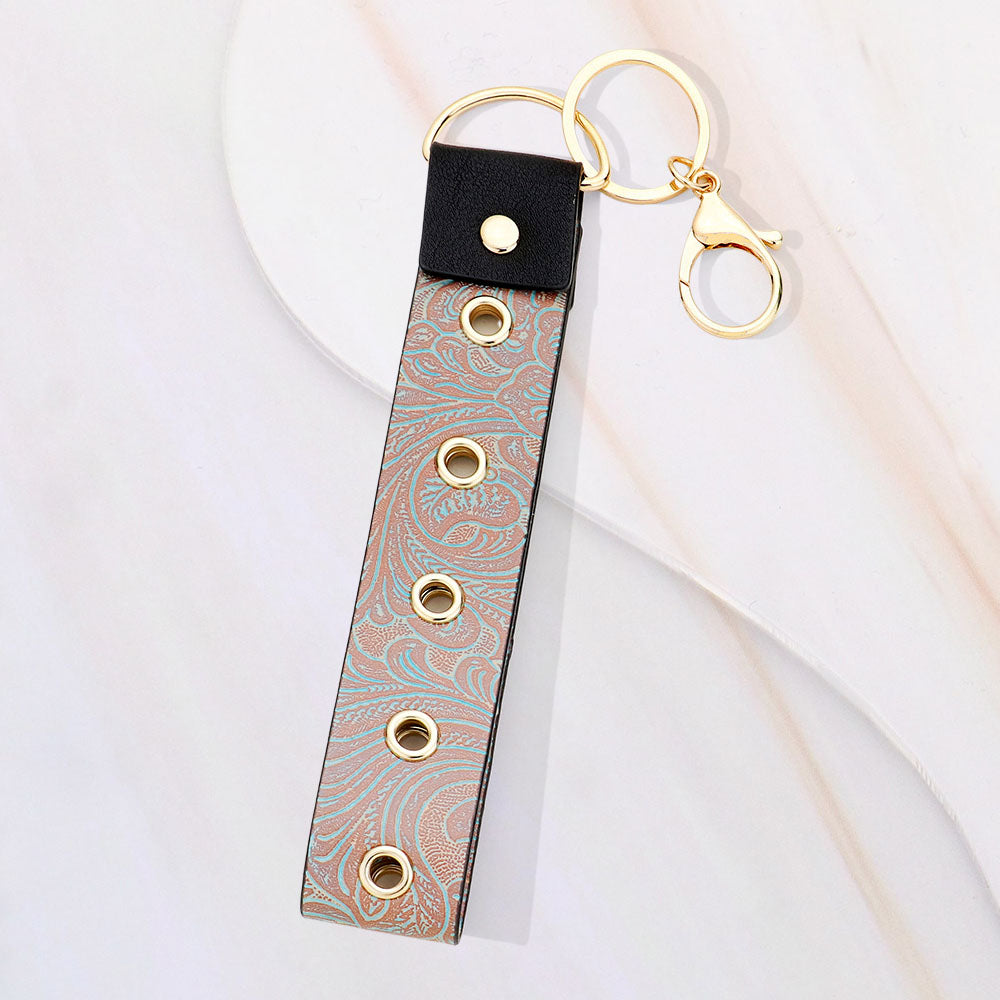 Madeline Love Brown, Gold Floral Leaf Pattern Faux Leather Keychain Bag Charm - Bags & Wallets