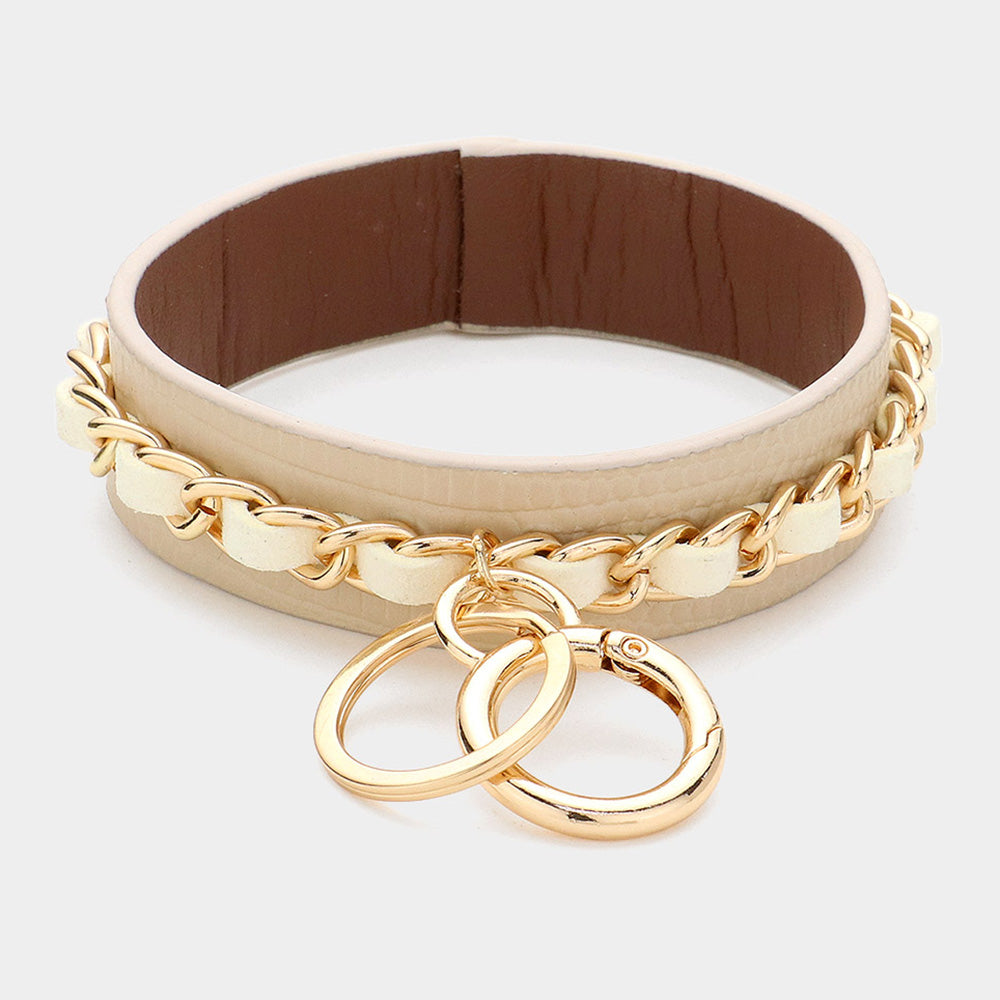 Madeline Love Ivory Metal Chain Detail Faux Leather Banlge Keychain / Bracelet - Bracelets