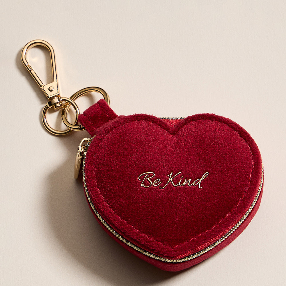 Madeline Love Red BE KIND Embroidered Heart Shaped Travel Jewelry Case Keychain Bag Charm - Bags & Wallets