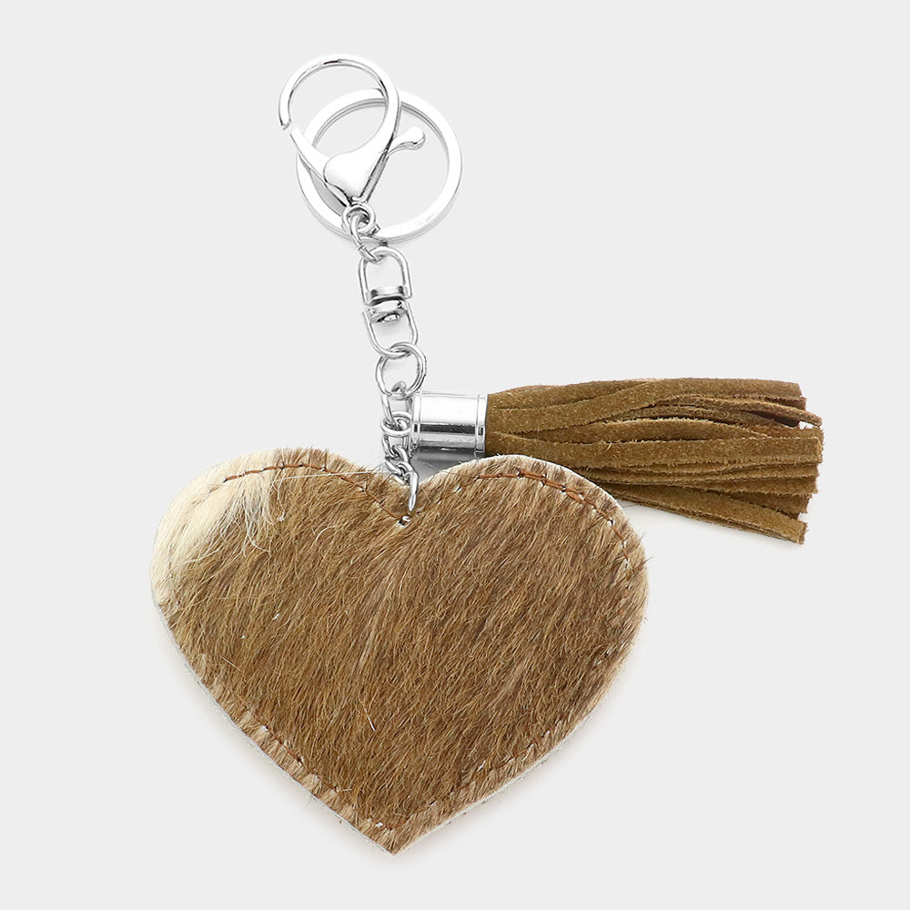 Genuine Fur Calf Heart Tassel Keychain