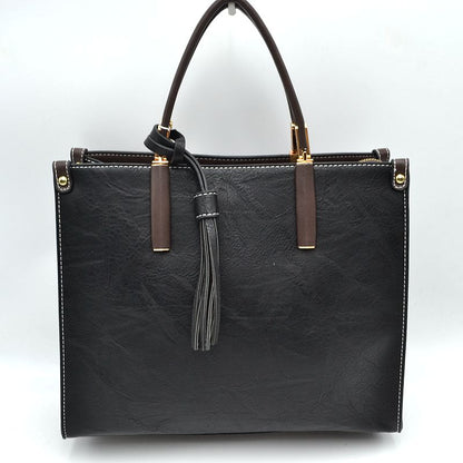 Large Shoulder Vegan Leather Tassel Handbag For Women - Black - Tote Bag