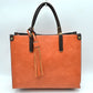 Large Shoulder Vegan Leather Tassel Handbag For Women - Orange - Tote Bag