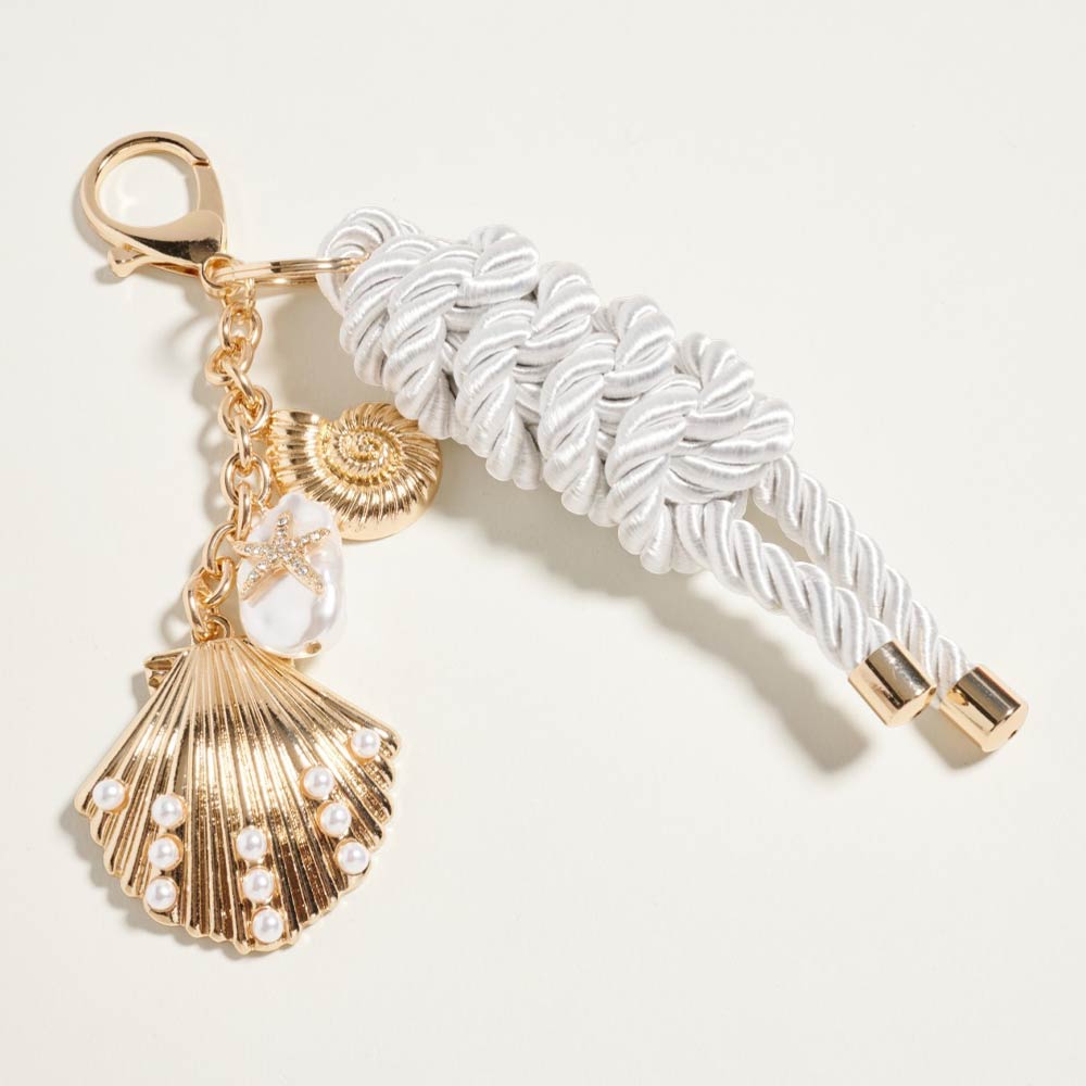 Madeline Love Gold Coastal Pearl Pave Shell Charm Drop Braided Cord Bag Charm Keychain - Bags & Wallets