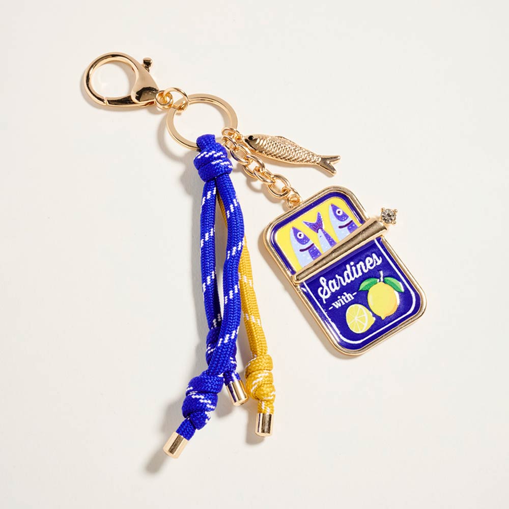 Madeline Love Blue, Gold Sardine Can Charm Accent Knotted Cords Drop Bag Charm Keychain - Bags & Wallets